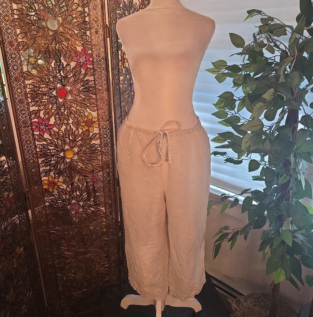 Lord & Taylor 100% Linen Wide Leg Capri Pants Size Large Boho Grandma